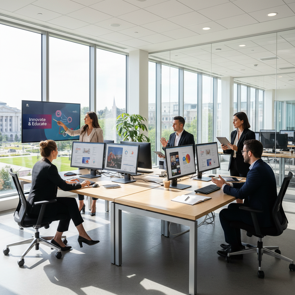 Modern marketing team collaborating in bright office with digital screens and strategy boards